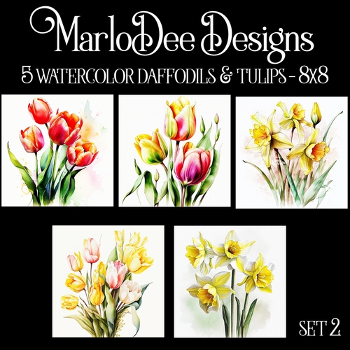 Watercolor Daffodils and Tulips Flowers 8x8 Backgrounds - set 2