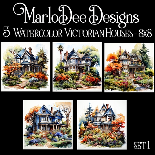 Watercolor Victorian Houses 8x8 Backgrounds - set 1