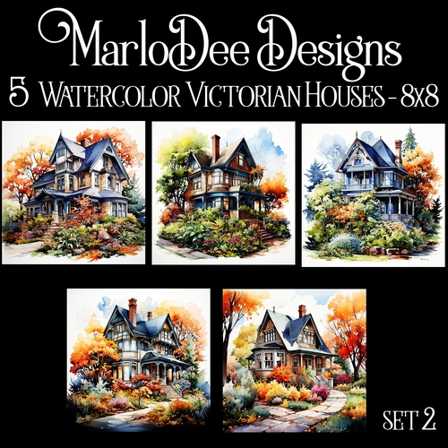 Watercolor Victorian Houses 8x8 Backgrounds - set 2