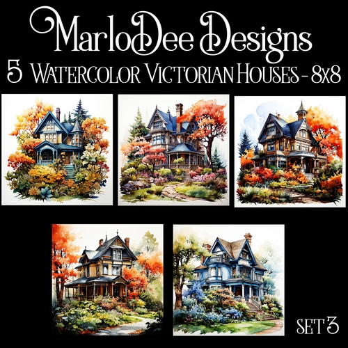 Watercolor Victorian Houses 8x8 Backgrounds - set 3