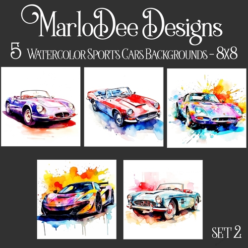 Watercolor Sports Cars 8x8 Backgrounds - set 2