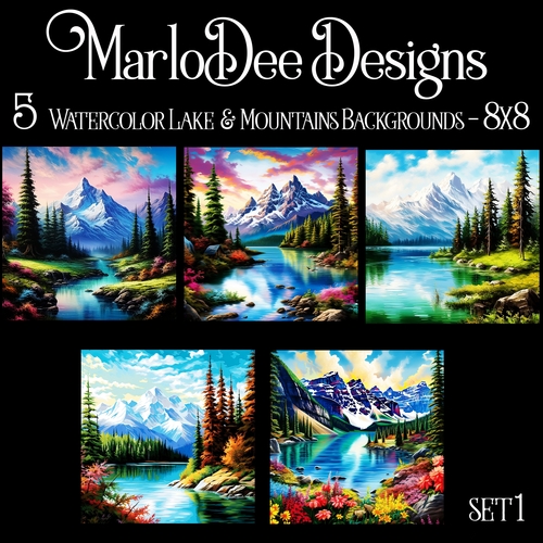 Watercolor Lake and Mountains Scenes 8x8 Backgrounds - set 1
