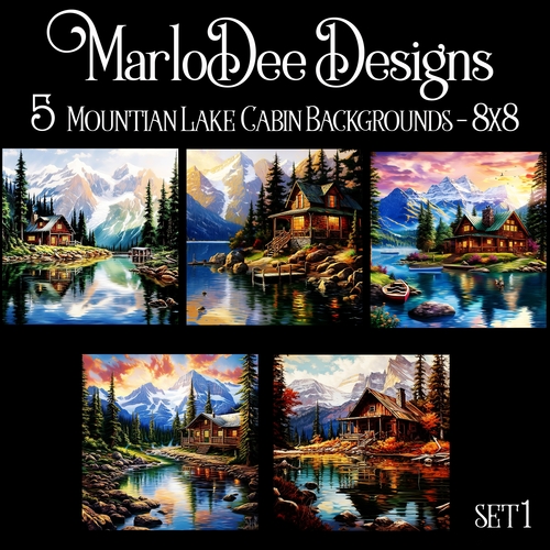 Watercolor Mountains, Lake & Cabins Scenes 8x8 Backgrounds - set 1