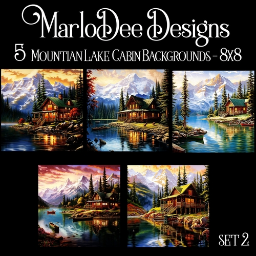 Watercolor Mountains, Lake & Cabins Scenes 8x8 Backgrounds - set 2