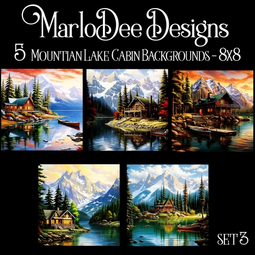 Watercolor Mountains, Lake & Cabins Scenes 8x8 Backgrounds - set 3