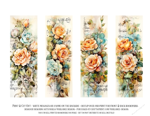 Vintage Floral 2x6 Bookmarks, 4 Floral Bookmarks s19