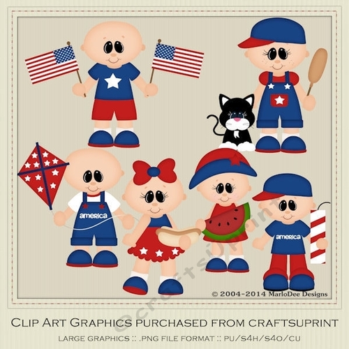 All American July 4th Bald Children Clip Art Graphics