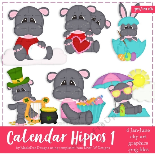 Calendar Hippos January - June Holiday Clip Art