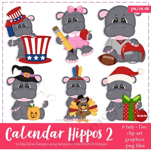 Calendar Hippos July - December Holiday Clip Art