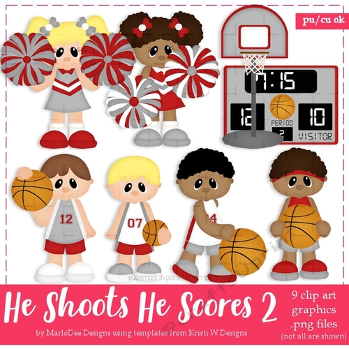 He Shoots He Scores - Scarlet & Gray Basketball Themed Clip Art