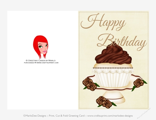 Vanilla Cupcake Happy Birthday Print, Cut and Fold 5x7 Greeting Card