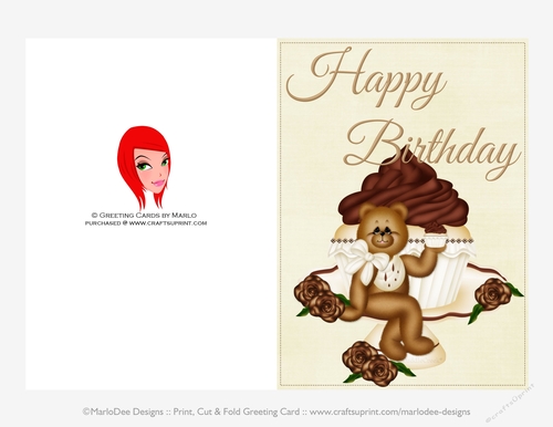 Vanilla Cupcake with Teddy Bear Happy Birthday Print, Cut and Fold 5x7 Greeting Card