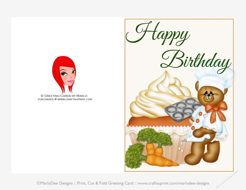 Carrot Cake Cupcake with Teddy Bear 5x7 Print Cup Fold Birthday Card