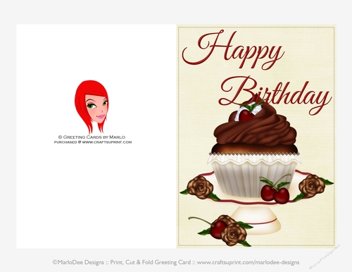Pretty Chocolate Cupcake with Cherries 5x7 Print Cut and Fold Birthday Card