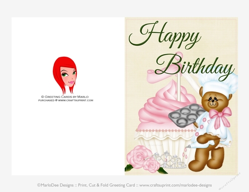 Baker Teddy Bear with Pink Cupcake 5x7 Birthday Card