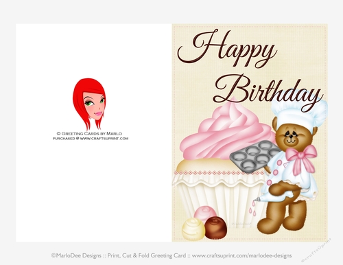 Baker Teddy Bear with Vanilla Cupcake 5x7 Birthday Card