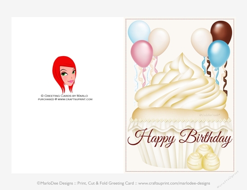 Pretty Vanilla Cupcake with Balloons 5x7 Print Cut and Fold Birthday Card