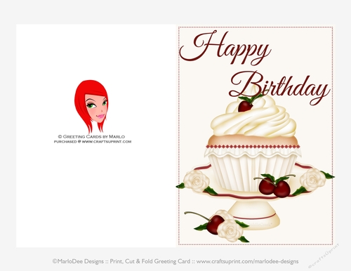 Vanilla Cupcake with Cherries Birthday Print, Cut and Fold 5x7 Greeting Card