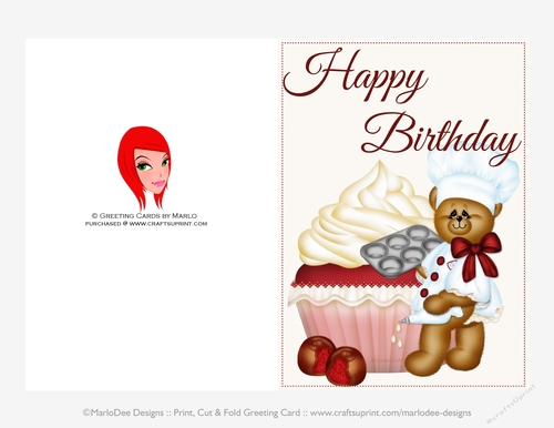 Cherry Cupcake with Baker Teddy Bear 5x7 Birthday Card
