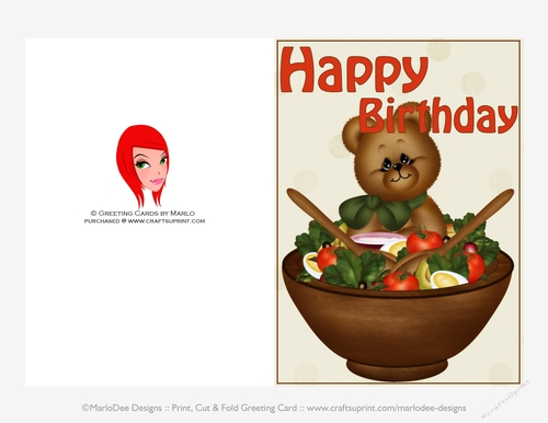 Salad & Teddy Bear Vegetarian Happy Birthday 5x7 Print Cut and Fold Card
