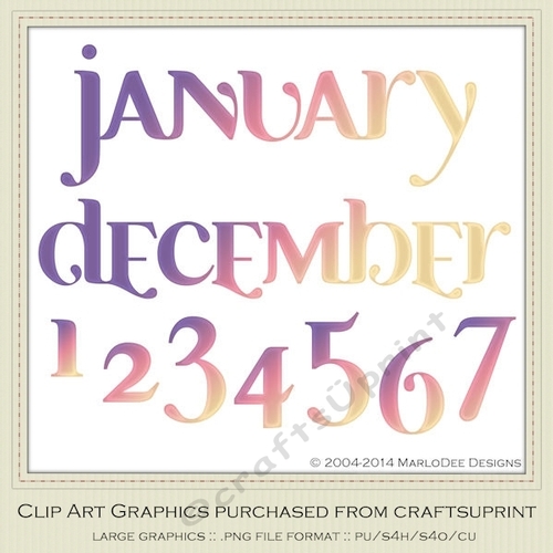 Calendar Months & Date Graphics - Mix Colors set 5