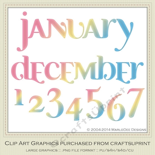 Calendar Months & Date Graphics - Mix Colors set 7