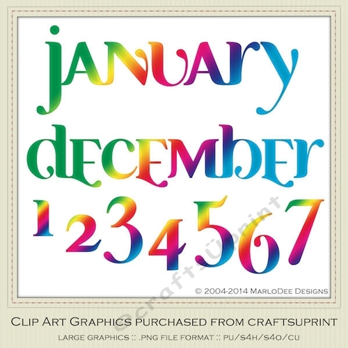 Calendar Months & Date Graphics - Mix Colors set 9