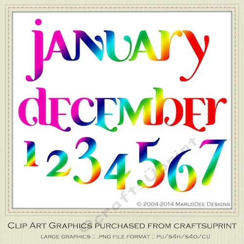 Calendar Months & Date Graphics - Mix Colors set 10