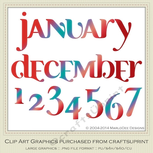 Calendar Months & Date Graphics - Mix Colors set 11