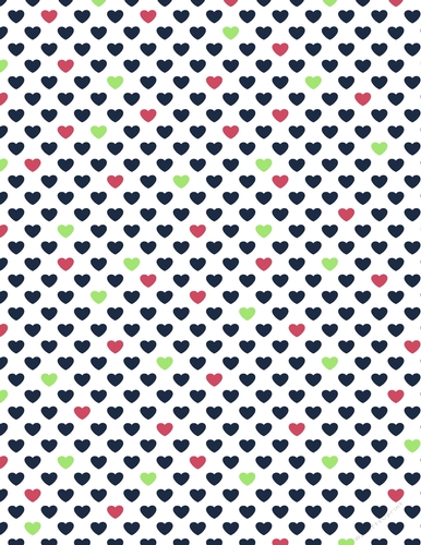 Navy Blue, Berry Red & Lime Green Hearts on White Digital A4 Paper Background