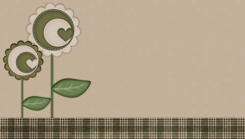 Green & Tan Flowers on Dark Tan & Green Plaid Background