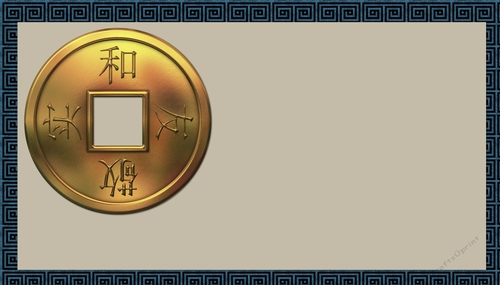 Asian Coin Harmony Friendship Respect Truth on Blue & Tan Background