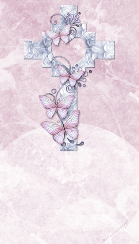 Blue & Pink Cross with Butterflies on Pink Floral Style Background
