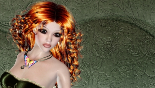 Beautiful Redhead Woman with Butterfly Necklace Digital Green Paper Background 