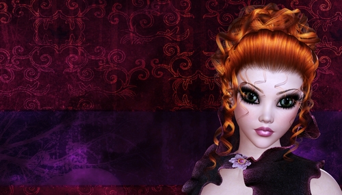 Redhead Hair Woman on Dark Grunge Style Red & Purple Digital Paper Background 