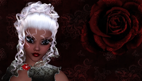 White Hair Darker Skin Woman on Dark Grunge Style Dark Red Rose Digital Paper Background