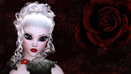 White Hair Woman on Dark Grunge Style Dark Red Rose Digital Paper Background