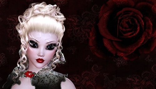 Blonde Hair Woman on Dark Grunge Style Dark Red Rose Digital Paper Background