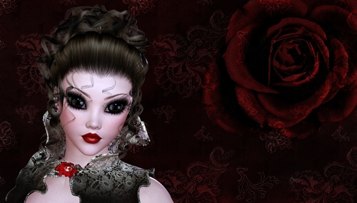 Brown Hair Woman on Dark Grunge Style Dark Red Rose Digital Paper Background