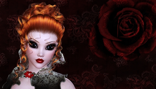 Red Hair Woman on Dark Grunge Style Dark Red Rose Digital Paper Background