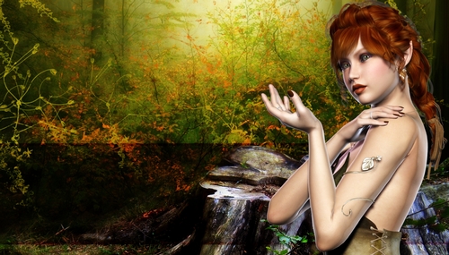 Auburn Hair Elf Woman on Outdoor Nature Themed Fantasy Digital Paper Background