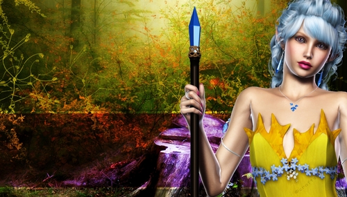 Blue Hair Elf Woman on Outdoor Nature Themed Fantasy Digital Paper Background