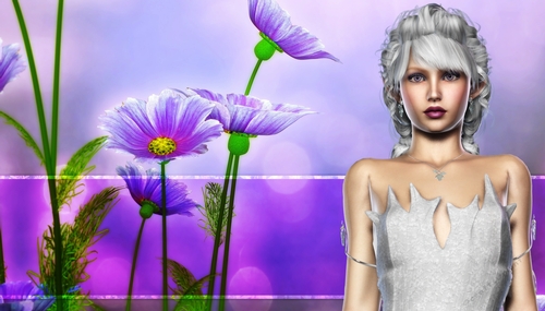 White Hair Elf Woman on Purple Daisy Themed Fantasy Digital Paper Background