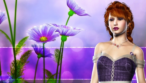 Auburn Hair Elf Woman on Purple Daisy Themed Fantasy Digital Paper Background