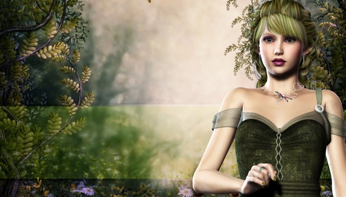 Green Hair Elf Woman on Muted Outdoor Themed Fantasy Digital Paper Background