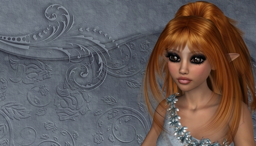 Fantasy Red Hair Pretty Elf Woman on Blue Textured Digital Paper Background