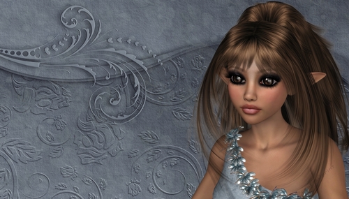 Fantasy Brown Hair Pretty Elf Woman on Blue Textured Digital Paper Background