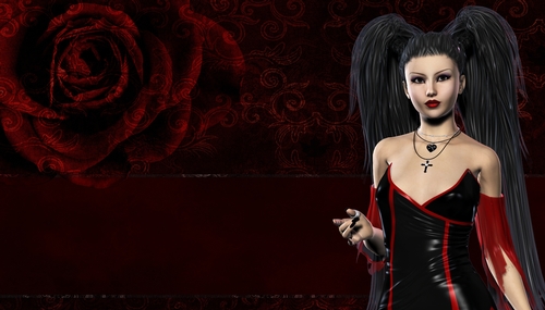 Gothic Black Hair Woman on Dark Red Rose Goth Theme Digital Paper Background