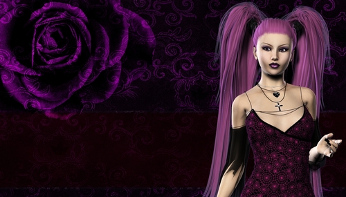 Gothic Purple Hair Woman on Dark Purple Rose Goth Theme Digital Paper Background