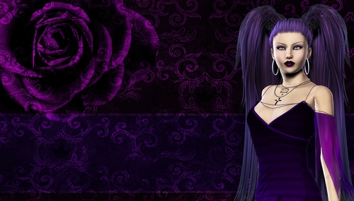 Gothic Purple Hair Woman on Dark Purple Rose Goth Theme Digital Paper Background 2